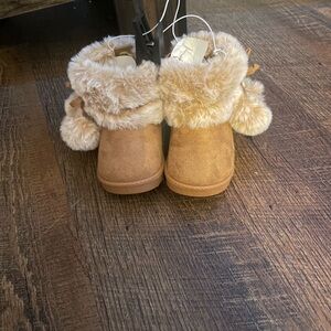Warm Brown Kids Boots with Faux Fur Trim